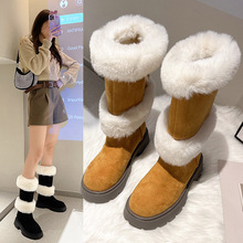 雪地靴女2022冬季厚底平底棉靴中筒靴粗跟中跟加厚保暖毛毛靴女