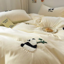 毛巾绣卡通熊猫磨毛四件套儿童宿舍学生床单被套床上用品三件套厚