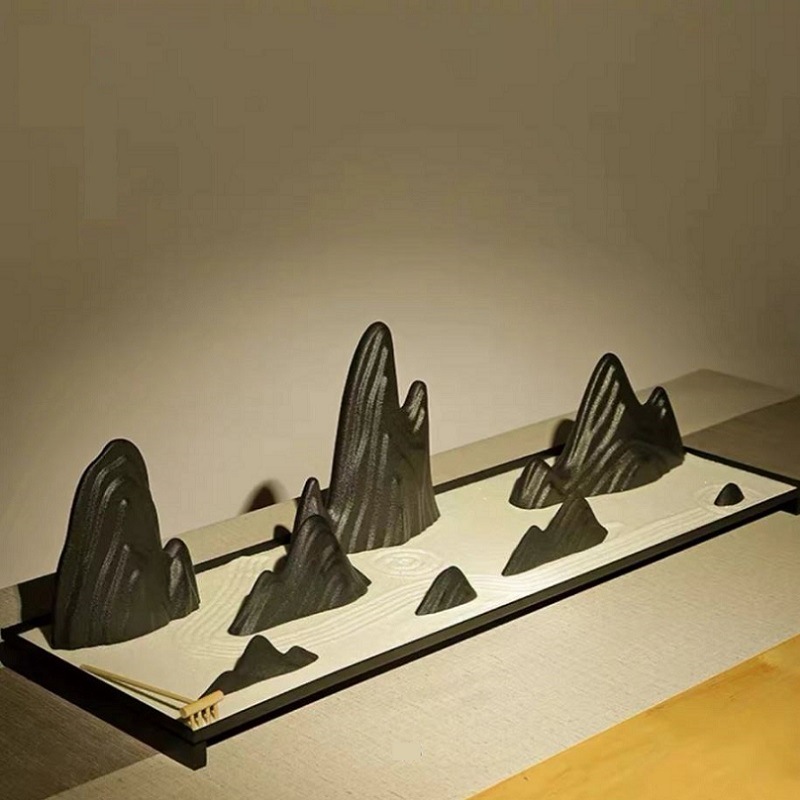 中式枯山水沙盘摆件客厅室内桌面装饰摆件方形铁盘陶瓷假山工艺品