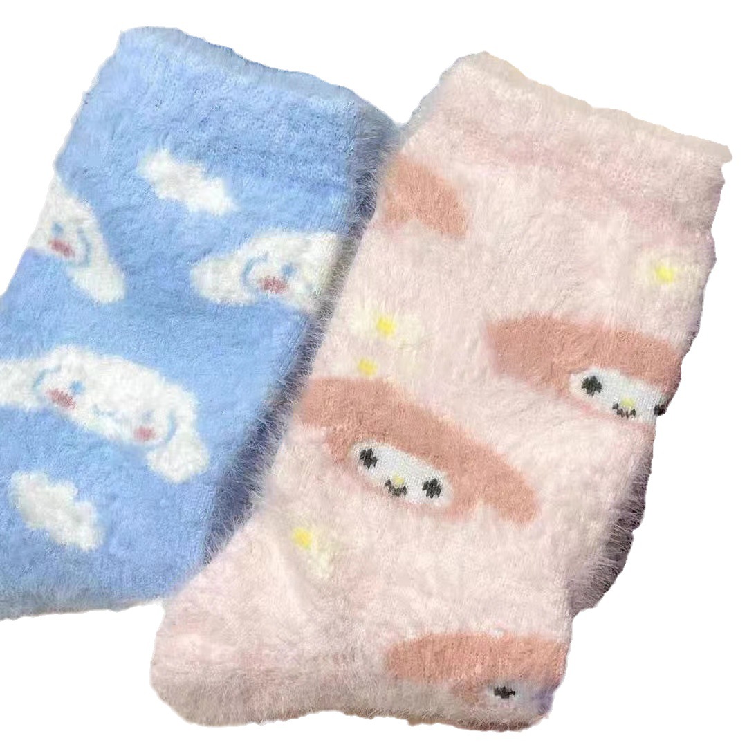 Sanrio Melody Cinnamoroll Babycinnamoroll Mink Fur Socks Women's Autumn and Winter Thermal Home Wear Room Socks Thick Sleep Maternity Socks