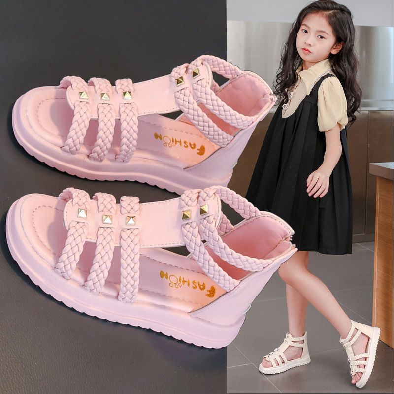 女童凉鞋夏季2024新款时尚露趾公主鞋中大童软底小女孩学生罗马鞋