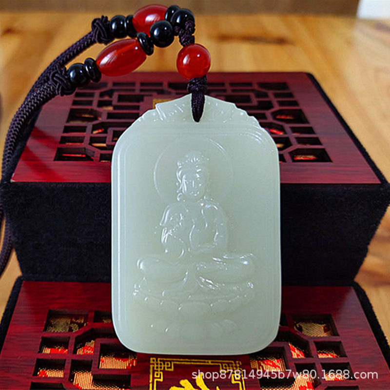 天然正品青白玉观音吊坠男士大保平安玉佩牌玉石牌挂件菩萨项链坠