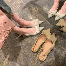 包头凉鞋女夏季时尚2023年新款法式尖头蝴蝶结低跟一字带后空单鞋