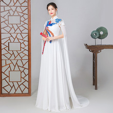合唱团演出服2022新款长款中国风旗袍裙走秀表演服装白色晚礼服女
