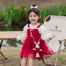 一件代发/批发童装女童红色连衣裙秋季周岁女宝宝礼服小女孩公主