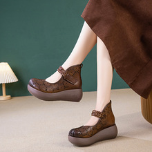 真皮凉鞋女夏季新款复古镂空洞洞魔术贴玛丽珍鞋气质坡跟厚底单鞋