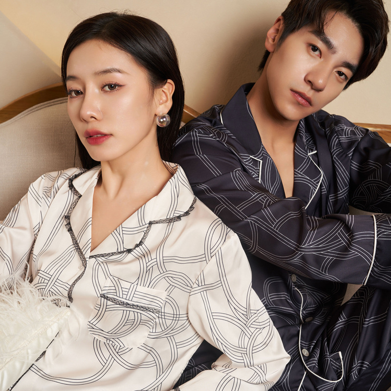 jiangnan he 2023 spring and summer couple buckle couple long-sleeved trousers ice silk pajamas one-piece delivery homewear suit