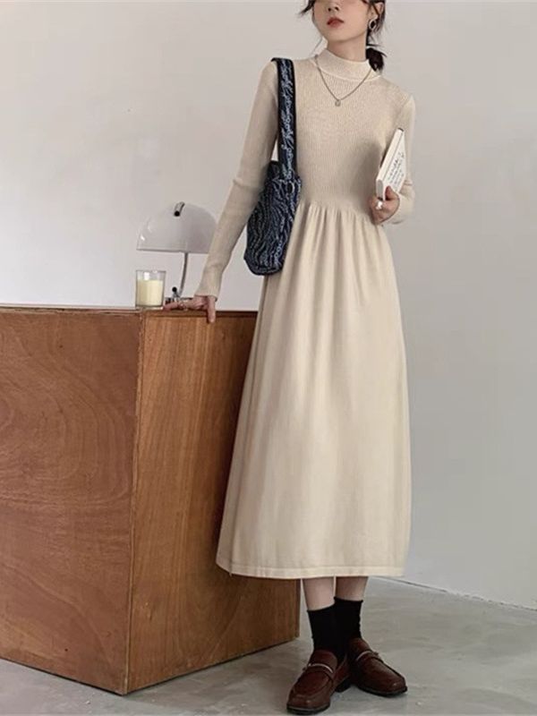 2023 Autumn and Winter New Hepburn Style French Knitted Dress Half Turtleneck Thick Bottoming Dress Long Dress Woolen Skirt Women