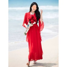 夏季新款红色荷叶边V领雪纺连衣裙三亚度假超仙气质长裙沙滩裙