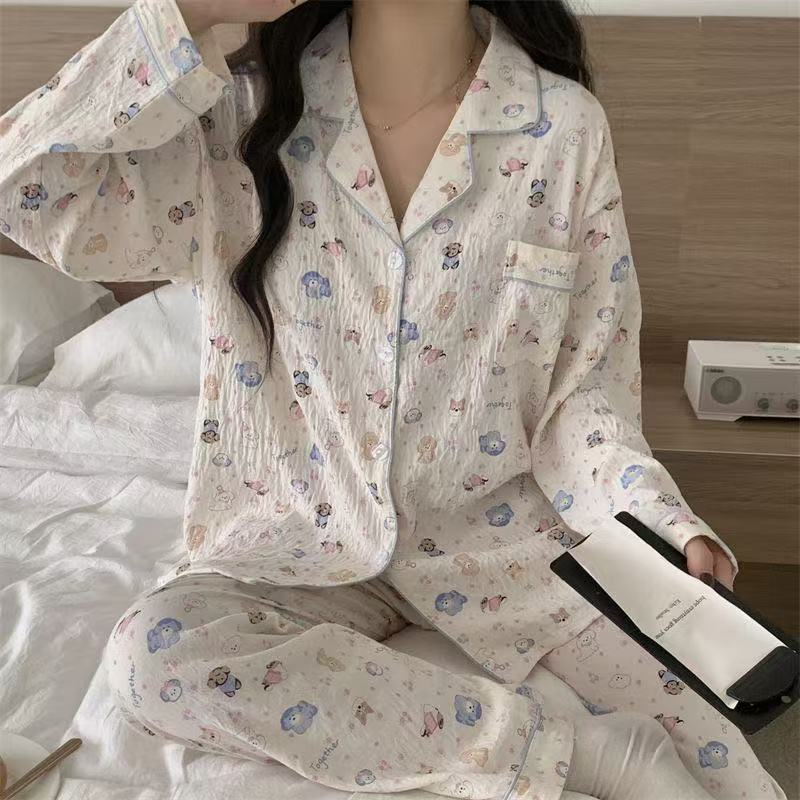跨境外贸春秋款云朵棉睡衣女卡通翻领开衫女士长袖长裤家居服套装