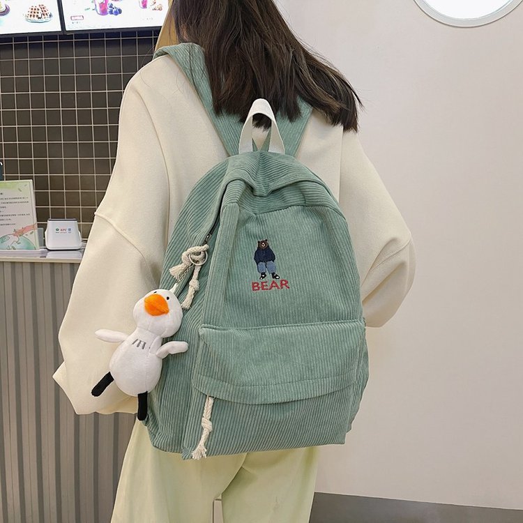 Autumn and Winter New Japanese Style Vintage Style Cute Kawaii Cartoon Embroidered Bear Corduroy Student Casual Backpack Schoolbag
