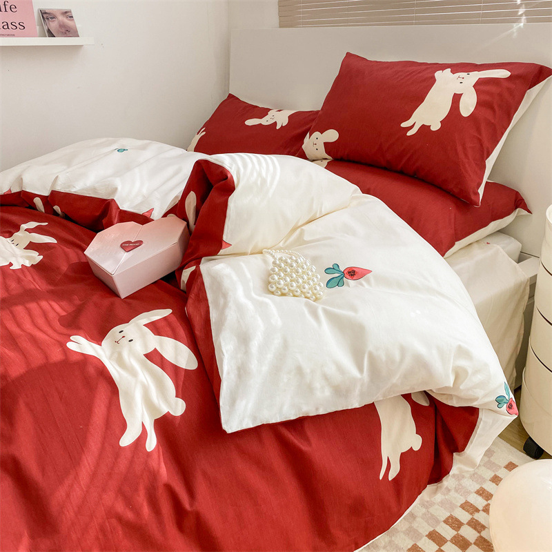 兔年红色本命年全棉四件套萝卜印花纯棉床上用品床单被套新年礼物