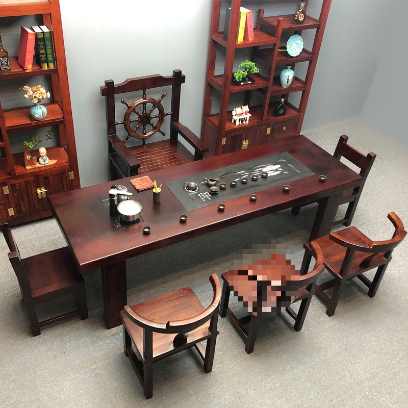 家用老船木茶桌椅组合一桌五椅茶台实木茶桌套装一体大泡茶桌商铺