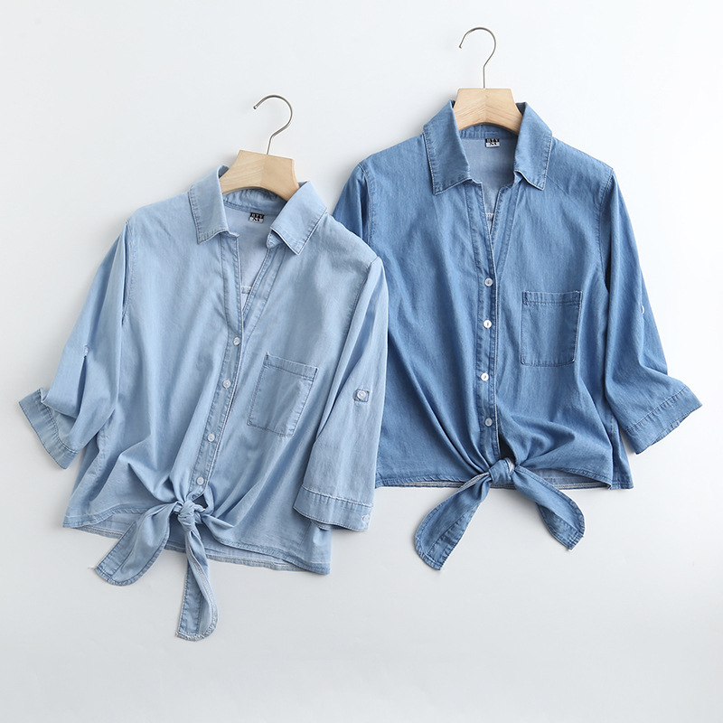 y4591-韩版女装批发2021夏季新款 翻领下摆打结天丝牛仔衬衫女