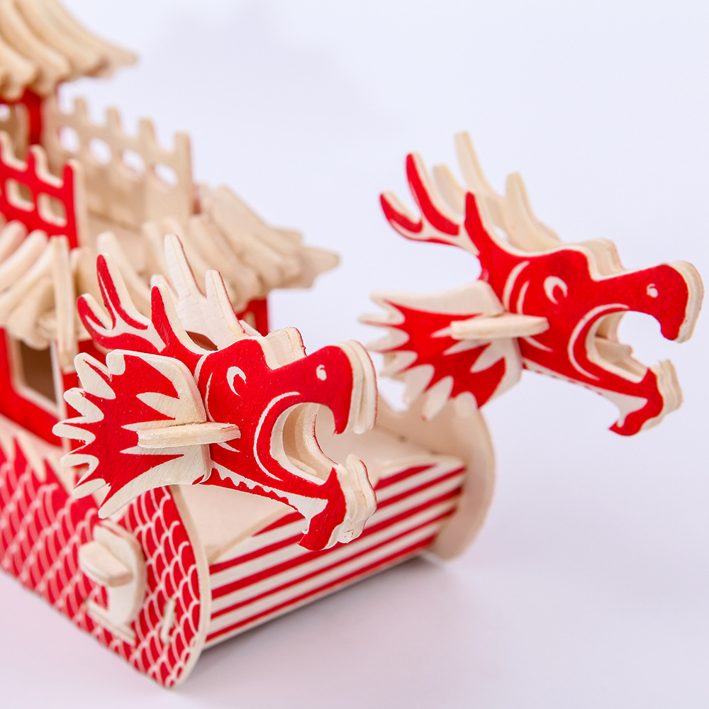 端午龙舟模型手工diy拼装积木龙船拼图3d立体制作传统木质龙舟船