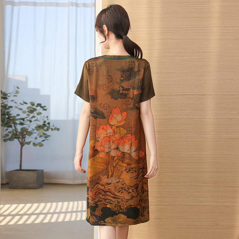 Middle-Aged and Elderly Women's Summer Dress Silk Dress 2023 Summer New Mother Dress Mulberry Silk Mid-Length Jacquard Overknee Skirt