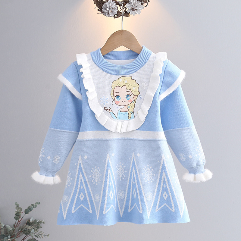 女童加绒裙洋气百搭毛衣裙2022秋冬款女宝甜美艾莎公主万圣节装扮