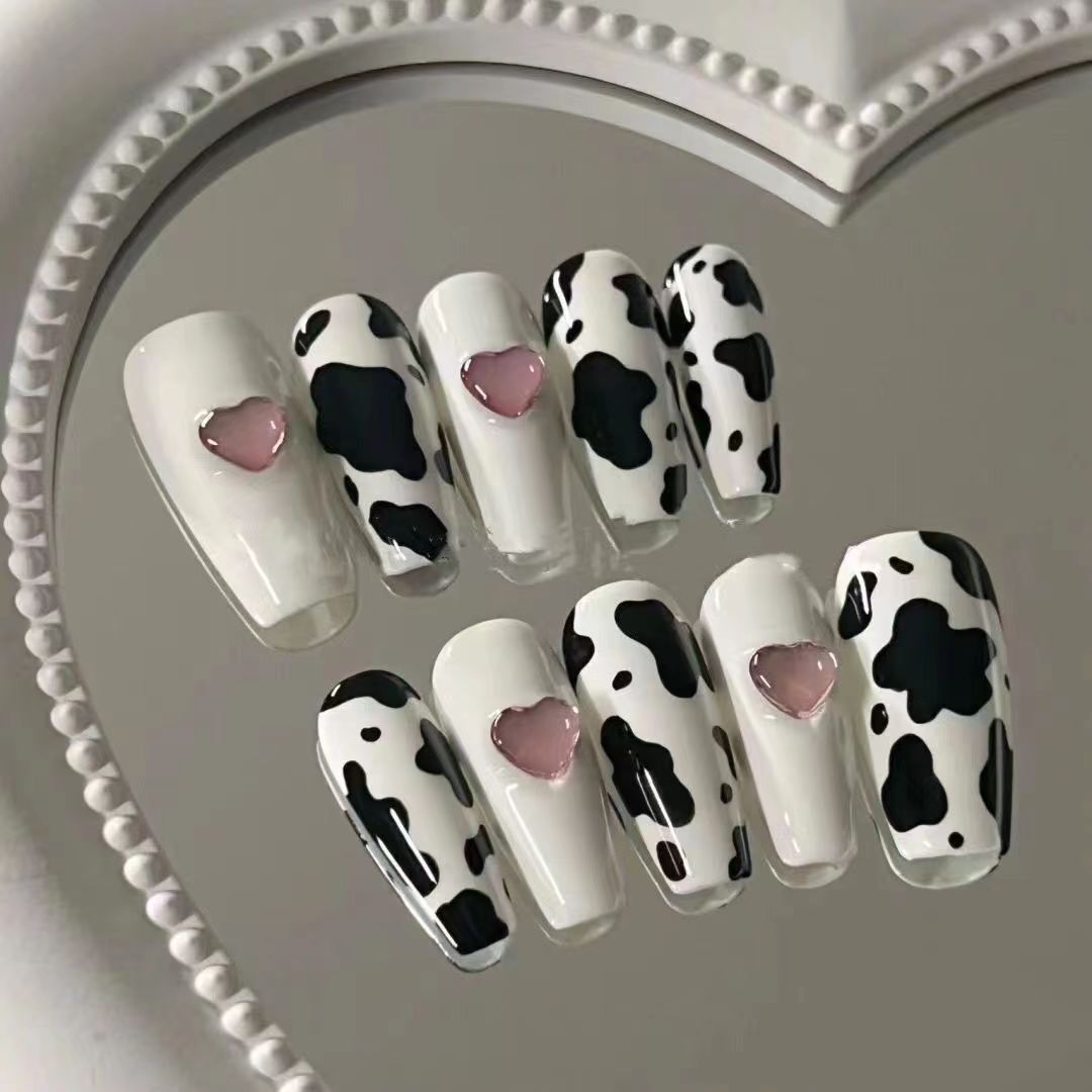 Handmade Wear Nail Black and White Cows Pattern Three-Dimensional Love Diamond Wear Nail All-Match Fashion Student Short Mid-Length
