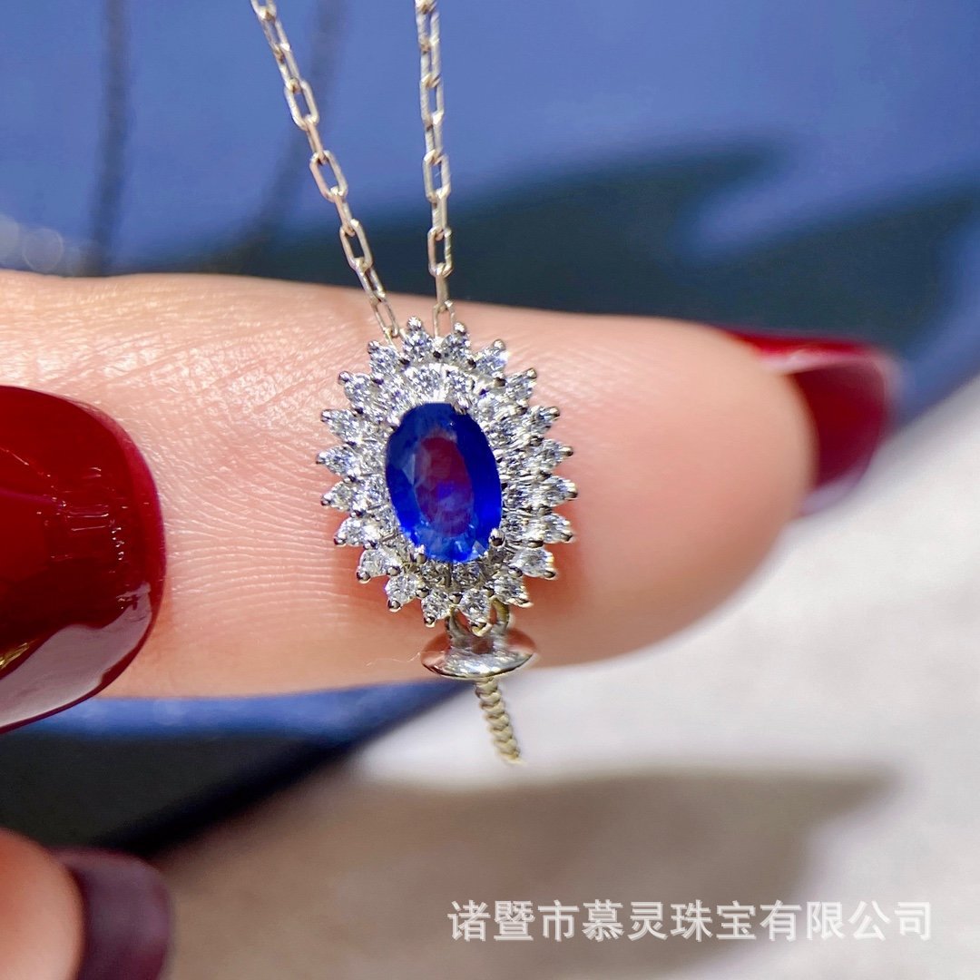 18k金蓝宝吊坠 天然椭圆形蓝宝 颜色浓郁 锆石镶嵌-阿里巴巴