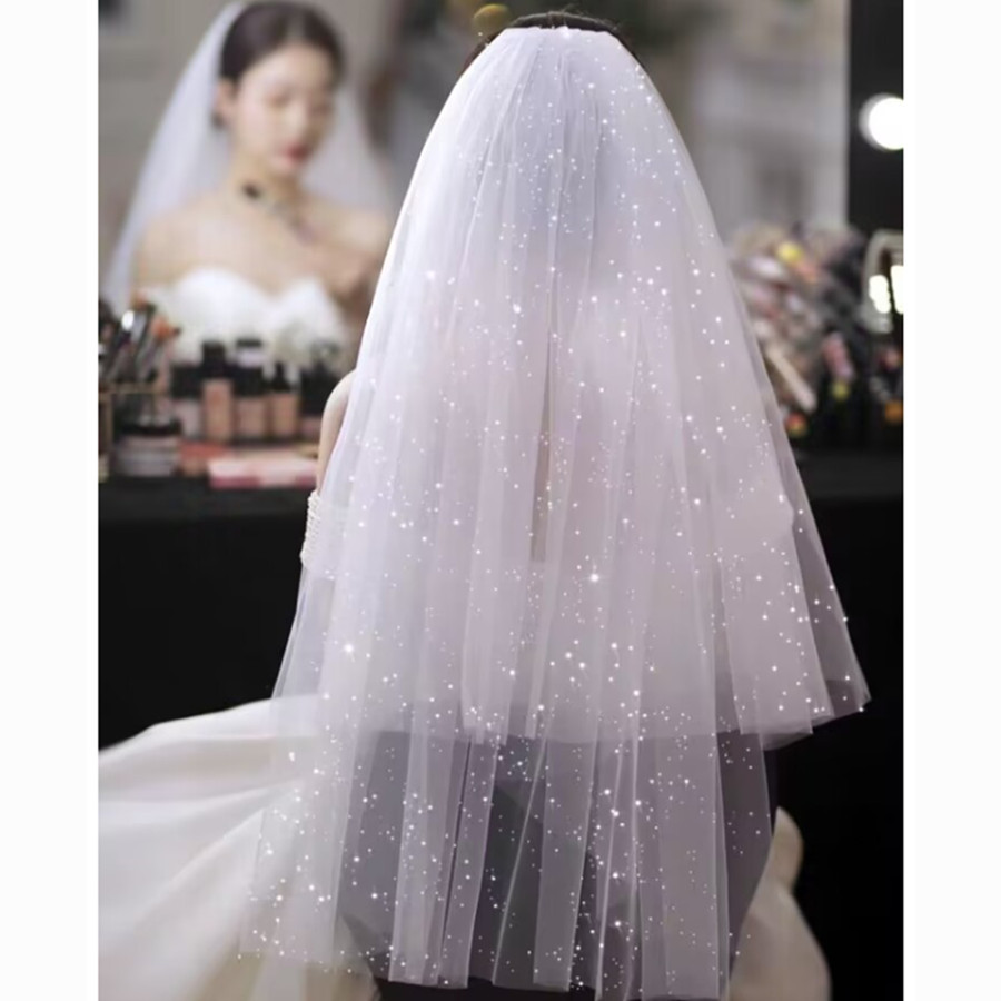 轻奢新娘头纱网红星空亮闪森系拍照领证结婚双层发梳面纱头饰