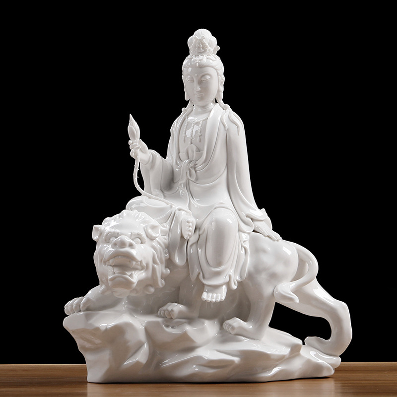 德化白瓷文殊菩萨普贤菩萨佛像家用供奉镇宅陶瓷玄关客厅装饰摆件