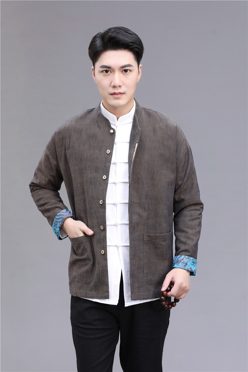春秋款唐装中山装男外套亚麻夹里长袖上衣复古国风男外套居士茶服