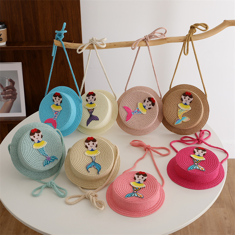 summer children‘s straw bag fashion mermaid messenger bag 2024 new cartoon cute coin purse wholesale