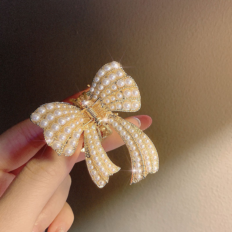 韩国蝴蝶结珍珠发夹女生中长发气质抓夹发饰半扎头夹子后脑勺头饰