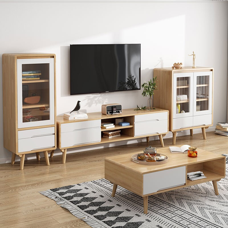 电视柜茶几组合 北欧原木风家具小户型客厅高低柜 极简电视组合柜