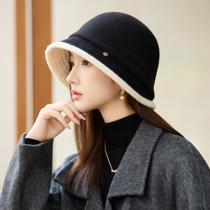 秋冬天帽子女款时尚百搭针织帽宽檐显脸小毛绒帽碎花高级感堆堆帽