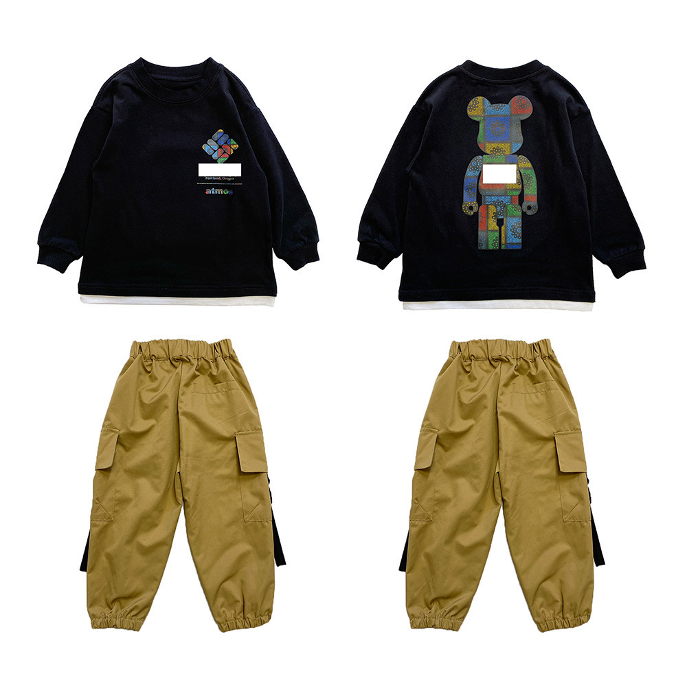 ck5017 2021秋冬新款男童积木熊叠穿t恤前后印花中小童拼接上衣