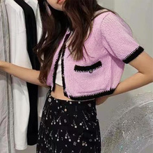 2022年夏季新款韩版拼色短款上衣女韩版减龄粉色包边单排扣开衫