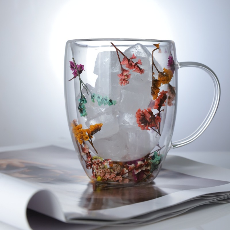Real Flower Double Layer Glass Cup Good-looking Creative Household Coffee Cup Dried Flower Cyber Celebrity Style Quicksand Glass with Handle