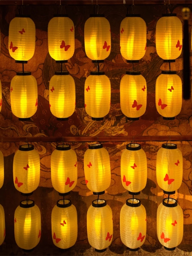 古风灯笼串夜市集市汉服古装拍照国风中秋道具红色灯笼墙印字