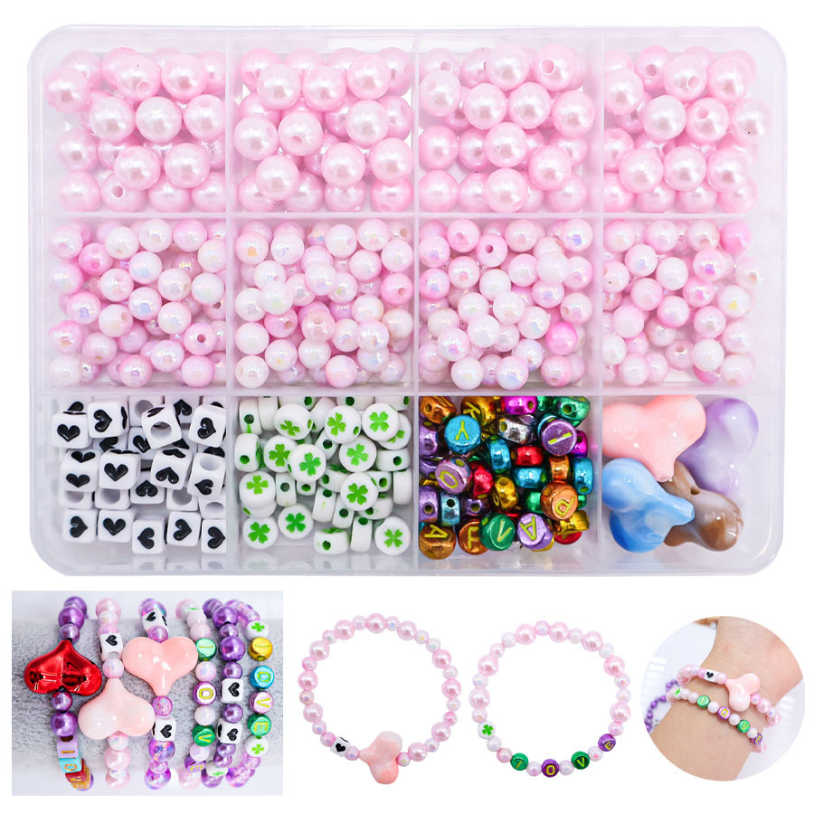 Pink 12 Grid Valentine's Day Diy Bracelet Necklace Four-Leaf Clover Heart-Shaped Accessories Accessory Material Package Factory Wholesale