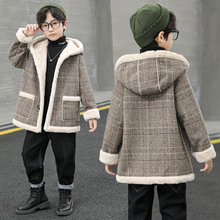 童装外套2023冬季韩版新款男童格子加绒加厚呢大衣儿童连帽外套潮