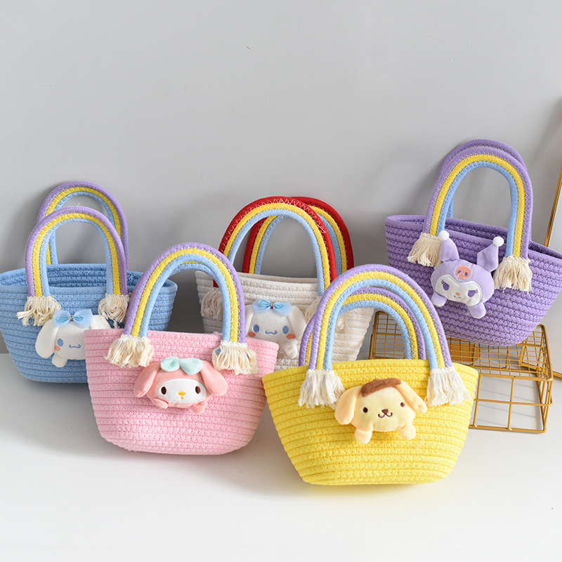 Girls Bags 2023 New Rainbow Clouds Handbag Children's Woven Bag Korean Style Large Capacity Straw Hand Bag