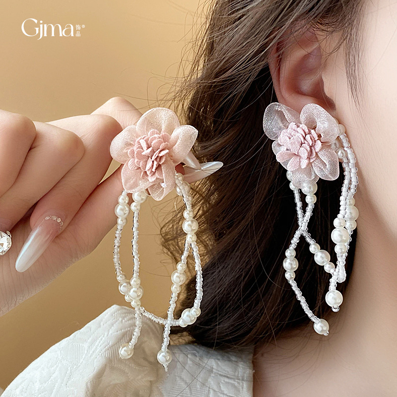 Silver Needle Pink Flower Bow Tie Pearl Tassel Earrings Sweet Girly Earrings French Entry Lux High-Grade Earrings