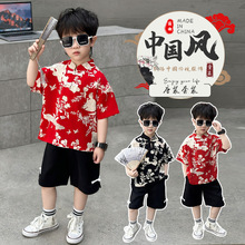 2024织里夏季男童中小儿童中国风唐装短袖短裤印花套装