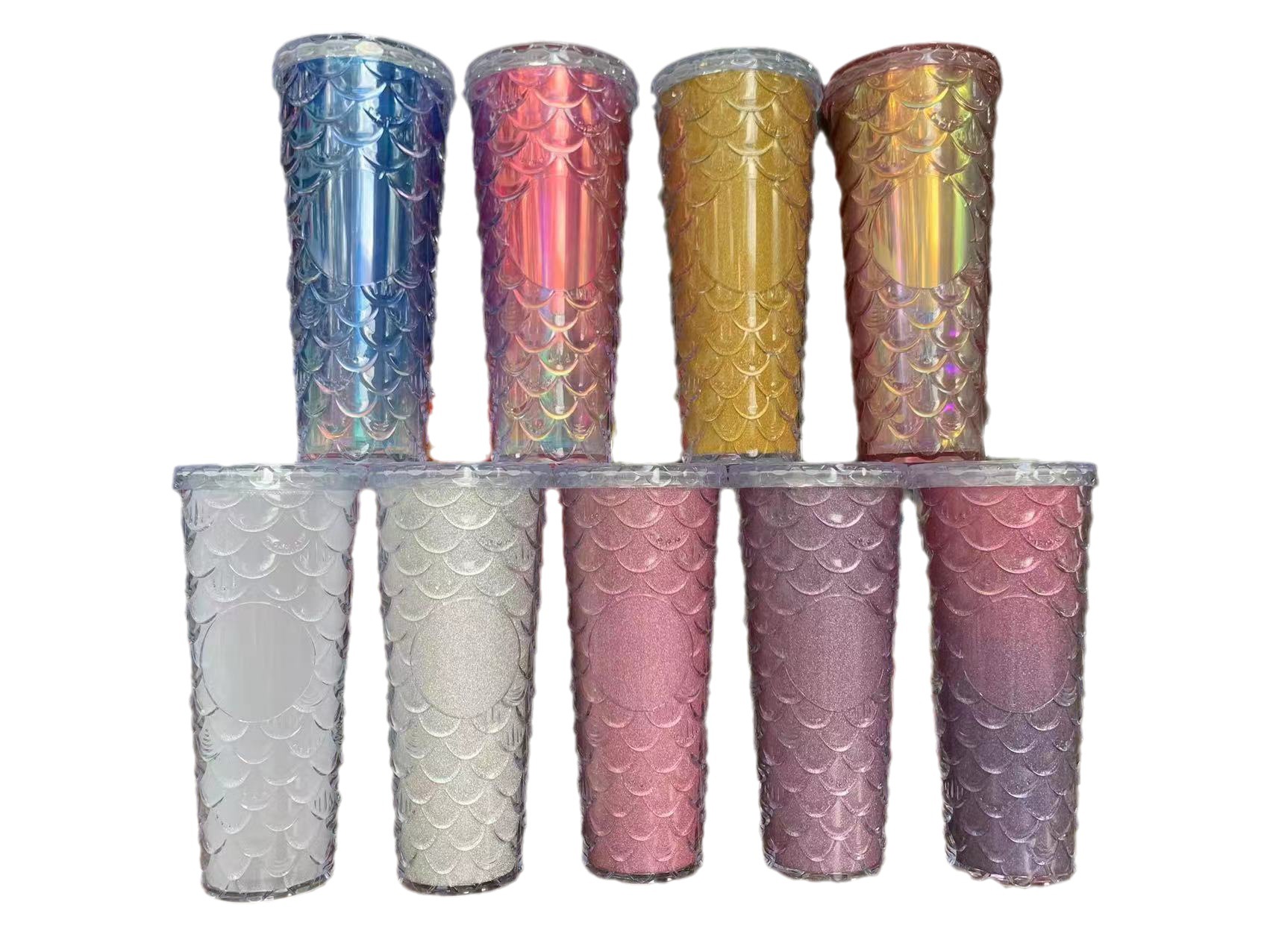 J213 Cross-Border New Arrival Star Dad Same Style Scale Cup Double-Layer Cup with Straw Large Capacity Mermaid Cup Plastic Cup