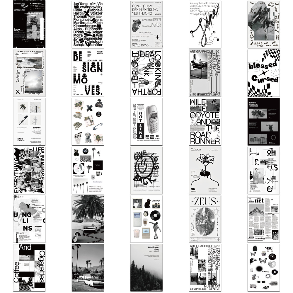 60张黑白拼贴手账涂鸦贴纸可装饰行李箱diy防水贴画ins风爆款批发