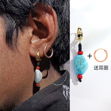 丁真同款藏族绿松石耳环复古民族风耳坠个性耳钉康巴汉子藏式耳饰