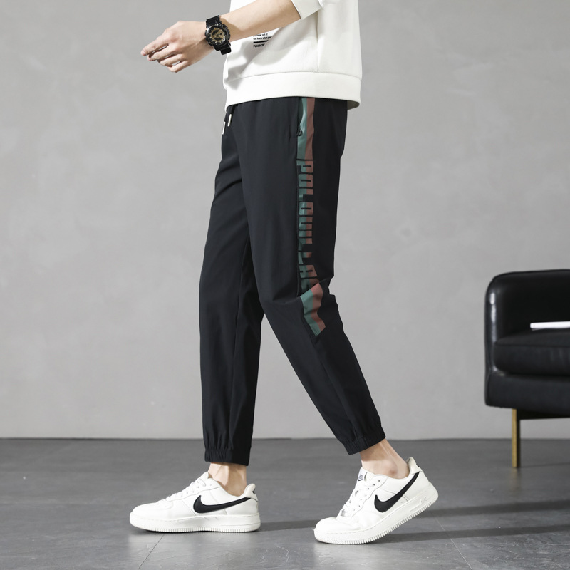 Pants for Men 2023 Summer New Korean Style Trendy Contrast Color Ankle-Length Pants for Young Men Ice Silk Casual Pants