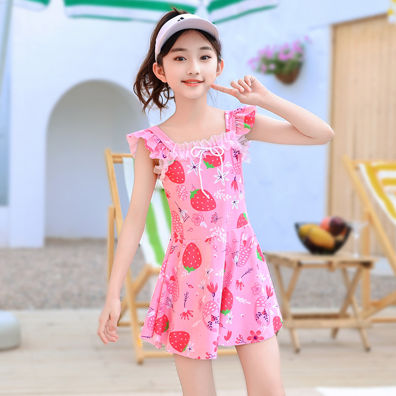 儿童泳衣女孩分体裙式平角裤小中大童宝宝学生少女草莓游泳装批发