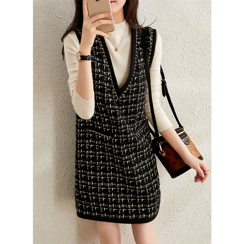 粗花呢马甲背心裙女2022年春季新款法式小香风v领气质无袖连衣裙