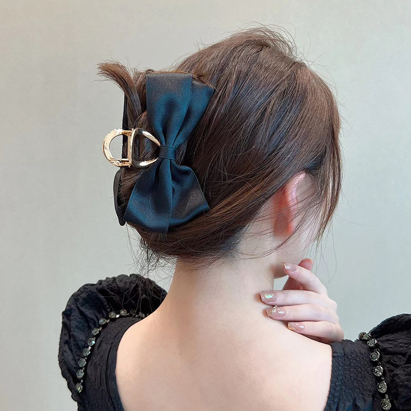 Black Satin Bow Claw Clip Women's Summer Headwear Simple Elegant Hair Clip Back Head Shark Clip Wholesale