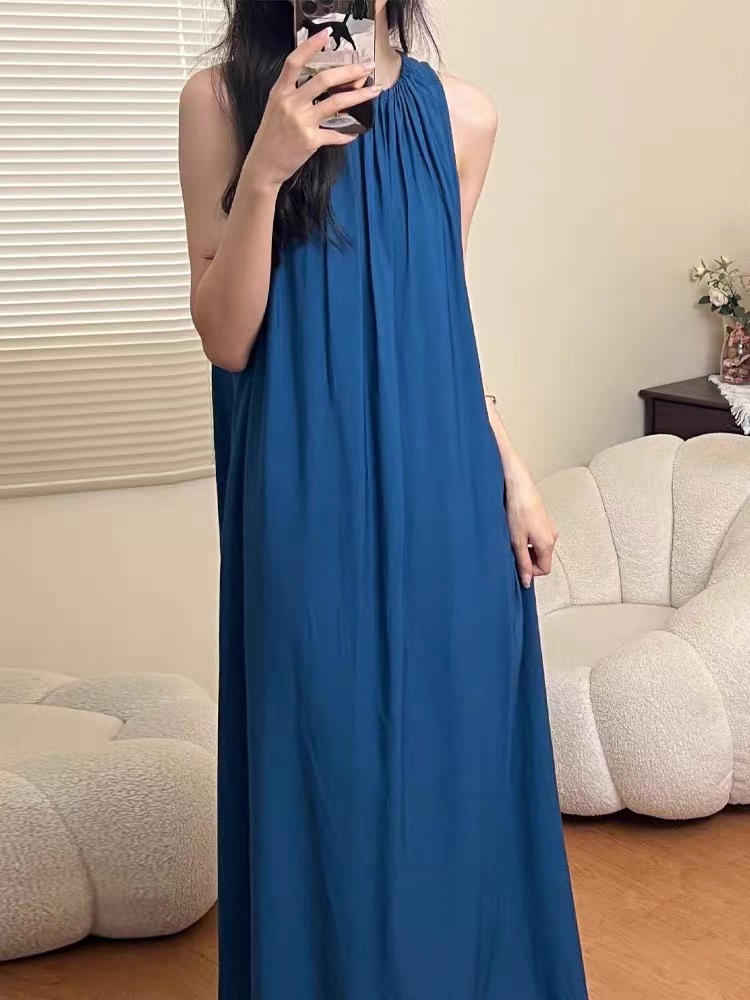 网红爆款漂亮气质绝美法式高端蓝色无袖连衣裙垂坠感初恋裙子女夏