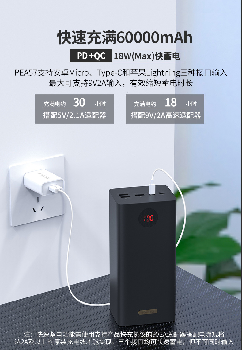 罗马仕pea57升级版充电宝60000毫安大容量22.5w快充移动电源手机