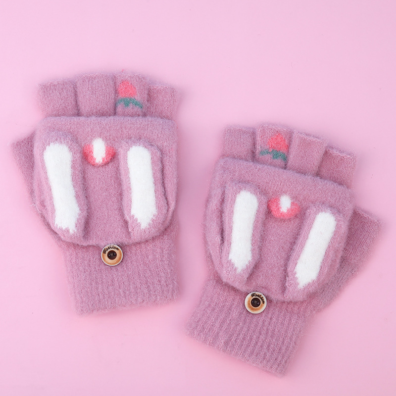 Winter New Cold-Proof Knitted Gloves Student Cute Warm Half Finger Gloves Cartoon Rabbit Thickened Flip Writing Gloves