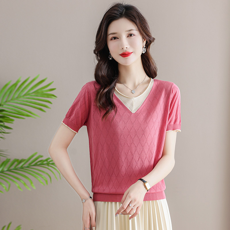 中年妈妈夏装洋气棉料短袖上衣服中老年女装气质大码薄t恤衫套装